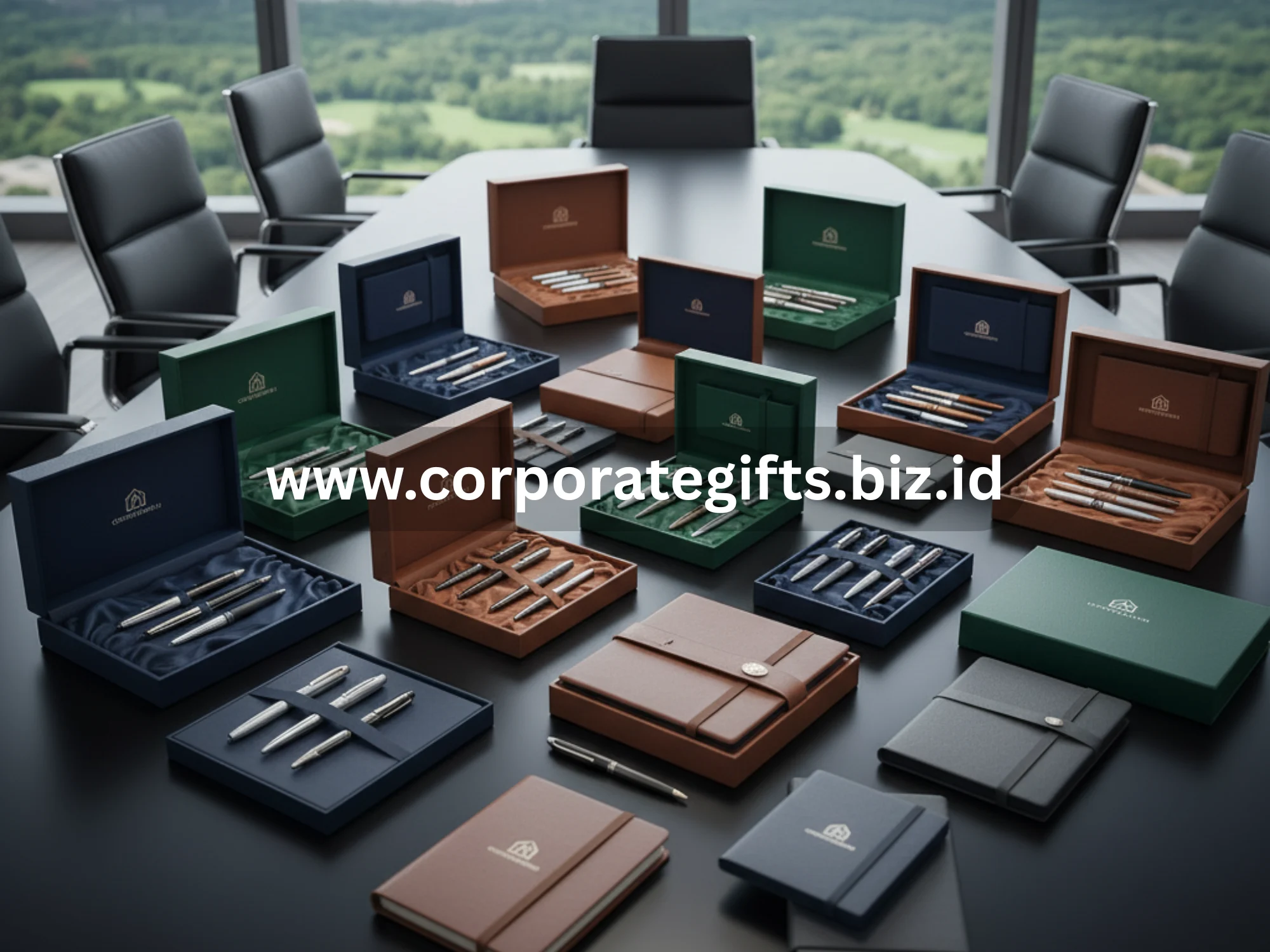 Premium corporate gift set berisi notebook kulit dan pena logam elegan